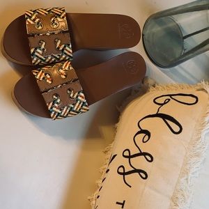 Tan and Multicolor Tory Burch Wedges